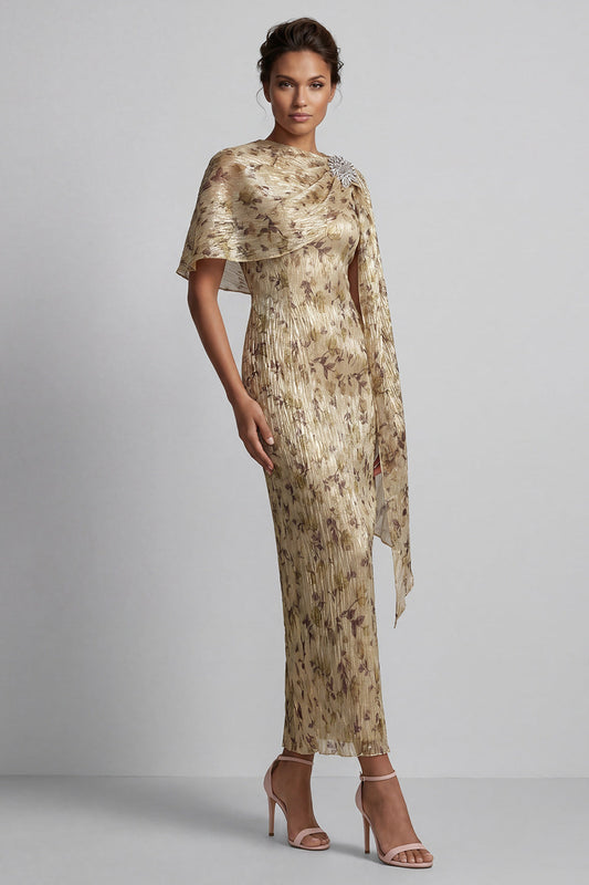 Champagne Beaded Sheath Long Floral Mother of the Bride Dress with Cape