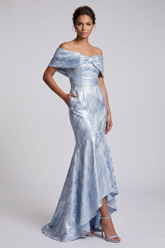 Robe longue sirène bleu ciel à fleurs avec poches pour mère de la mariée