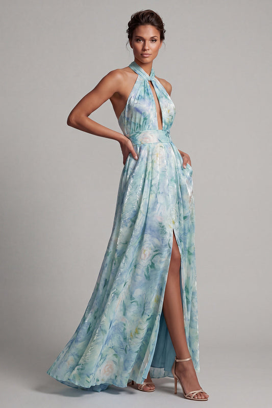 Robe longue de mère de la mariée vert clair évasée à motif floral et découpe goutte d'eau avec poches