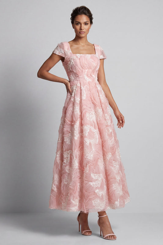 Robe longue de mère de la mariée blush perles scintillantes à col carré