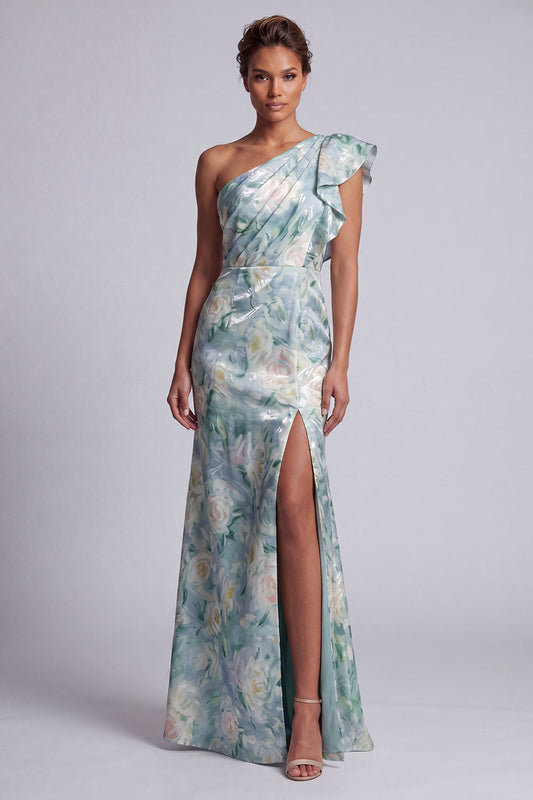 Robe longue de mère de la mariée sirène vert clair à volants avec fente et imprimé floral