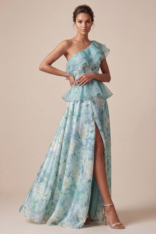 Robe de mère de la mariée vert clair asymétrique avec volants et coupe trapèze
