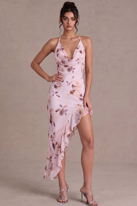 Pink Halter Neck Floral Asymmetrical Cocktail Dress with Ruffles