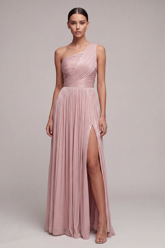 Dusty Rose One Shoulder Pleated A Line Long Formal Dress with Slit