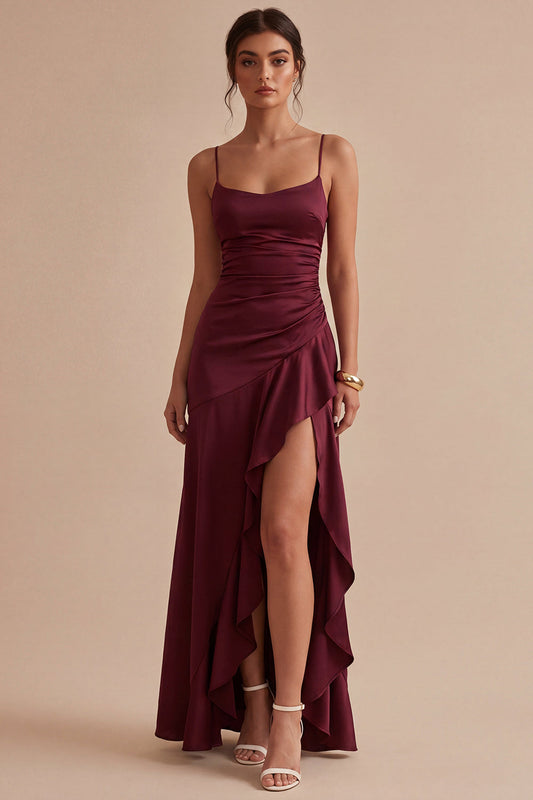 Burgundy Ruffled Spaghetti Straps Mermaid Long Formal Dress with Slit
