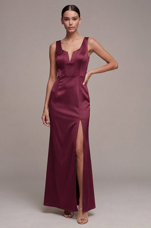 Burgundy Mermaid Corset Satin Formal Dress with Slit