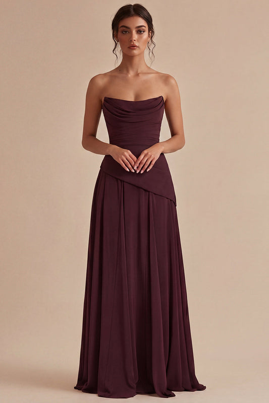 Burgundy A Line Ruched Strapless Long Formal Dress