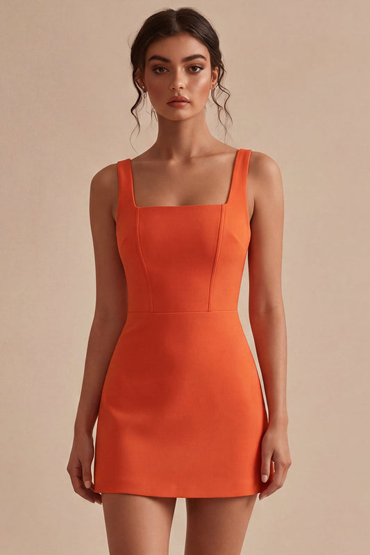 Orange Tight Short Square Neck Graduation Dress