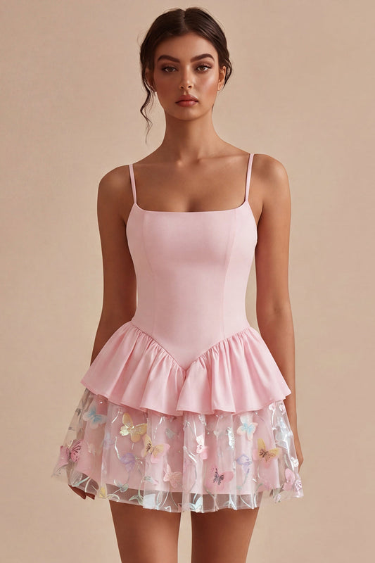 Pink A Line Short Floral Spaghetti Straps Graduation Dress with Ruffles