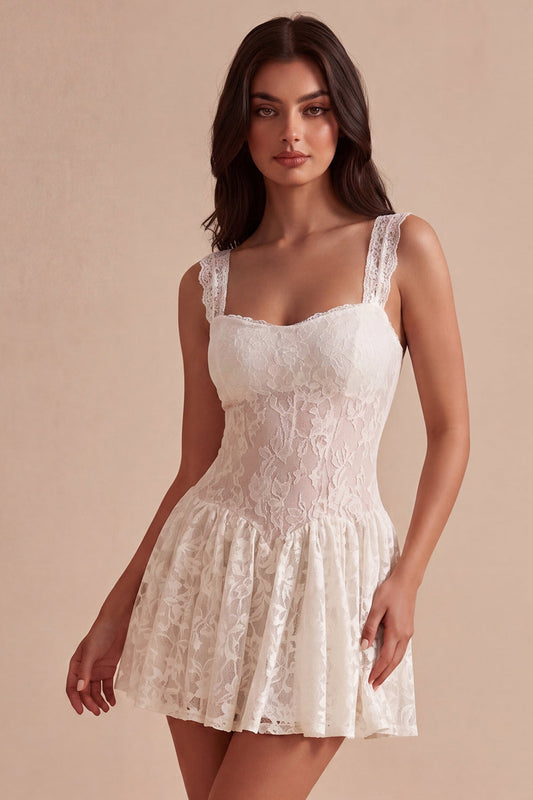 Floral White Thick Straps Lace Short A Line Graduation Dress
