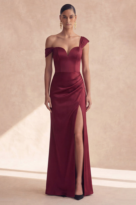 Off the Shoulder Burgundy Mermaid Formal Dress with Slit
