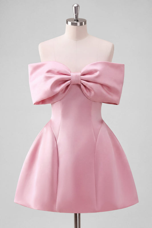 Blush Pink Off the Shoulder A-Line Satin Homecoming Dress with Bow