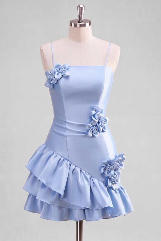Robe de bal plissée trapèze en satin bleu clair avec bretelles spaghetti et fleurs en 3D