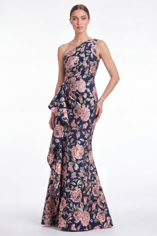 Pink Flower Mermaid One Shoulder Jacquard Long Mother Of the Bride Dress with Ruffles