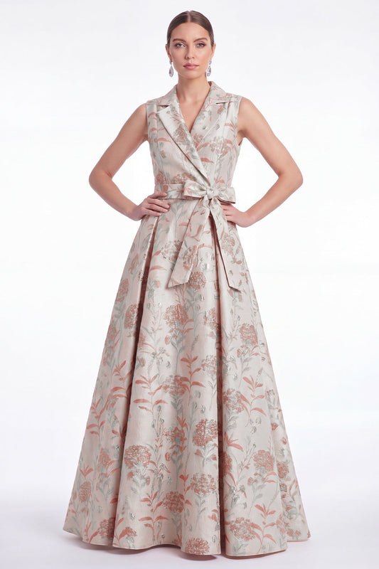 A-Line Pink Flower Notch Lapel Jacquard Long Mother Of the Bride Dress with Belt