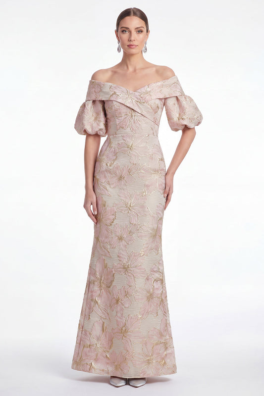 Off the Shoulder Mermaid Pink Flower Jacquard Long Mother Of the Bride Dress