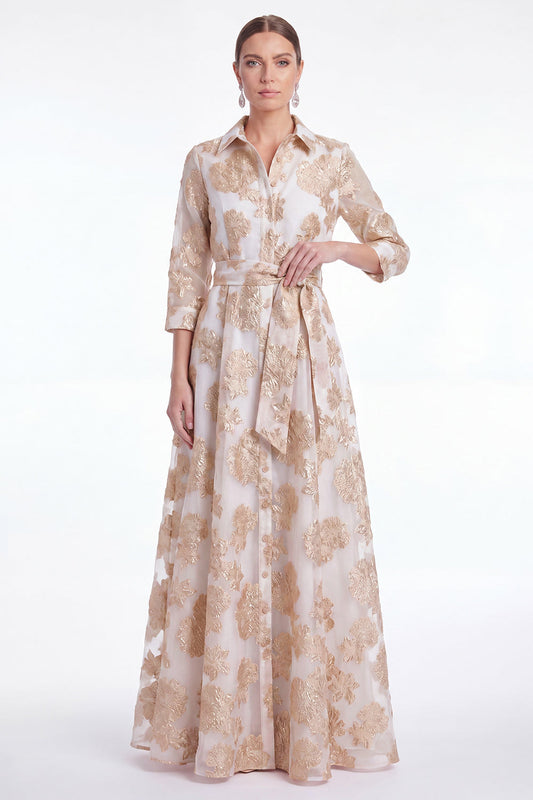 Champagne A-Line Jacquard Long Mother Of the Bride Dress with Belt