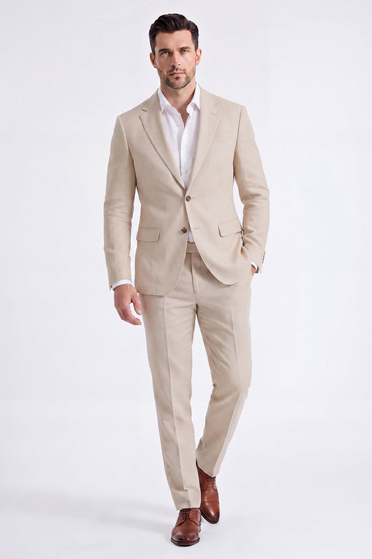 Costume 2 pièces beige homme à revers crantés et simple boutonnage