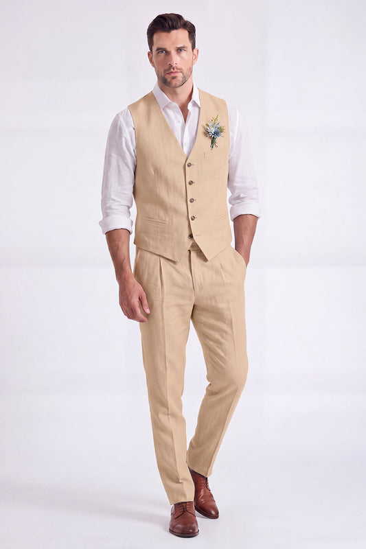 Costume habillé homme 2 pièces beige clair, col en V, simple boutonnage