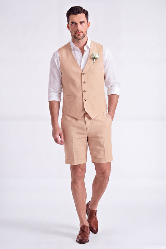 Costume court homme 2 pièces col en V simple boutonnage kaki clair