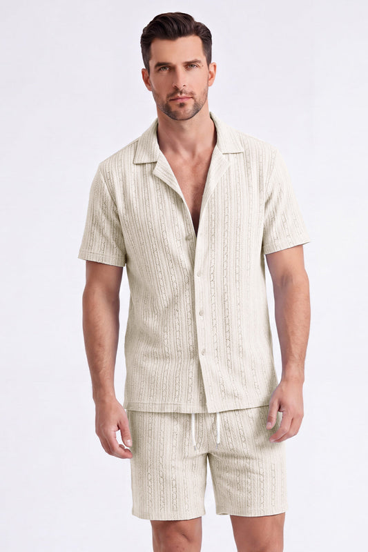 Ensembles d'été décontractés pour hommes 2 pièces en tricot Chemise à manches courtes à col cubain et short