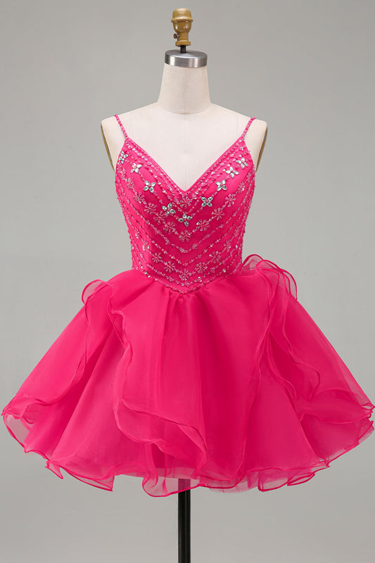 Robe courte de cocktail évasée rose vif à strass et volants avec perles