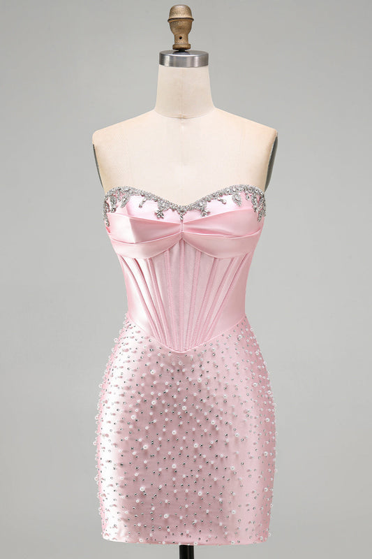 Robe de bal courte moulante en corset rose scintillant avec perles et strass