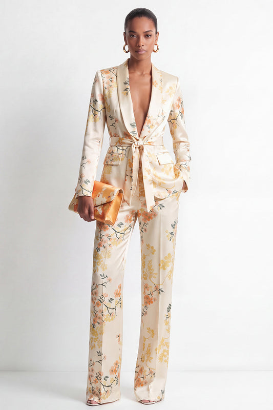 Ensemble deux pièces pour femme avec revers châle en satin floral couleur champagne et ceinture