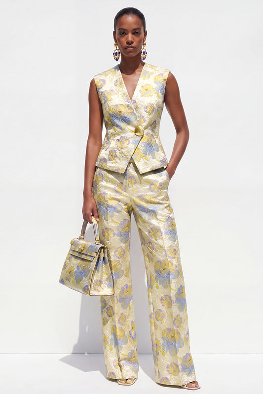 Costumes pour femmes 2 pièces en jacquard col V un bouton Fleur Jaune