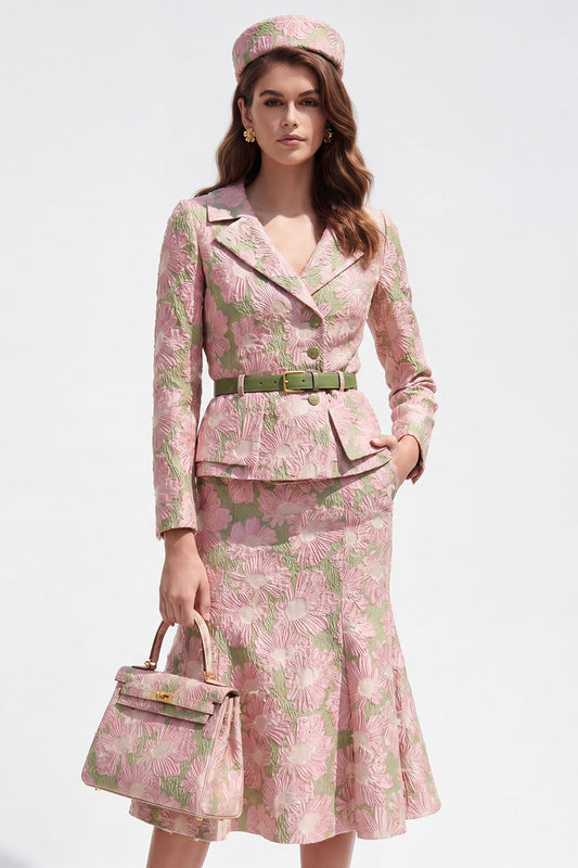 Robe de travail midi jacquard à revers crantés, à fleurs roses et vertes, à simple boutonnage, 2 pièces, avec ceinture