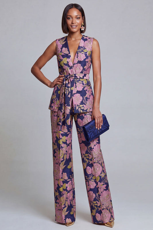 Ensemble 2 pièces pour femme, col en V, motif floral bleu marine et rose, avec ceinture