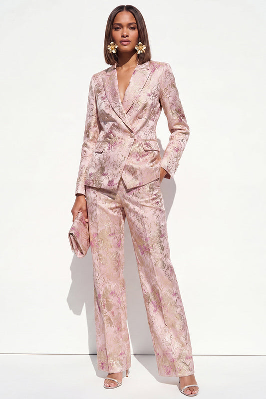 Blush Floral Peak Lapel 2 Piece Double Breasted Women Suits with Pockets