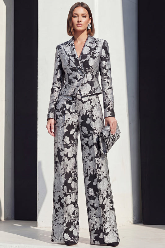 Costume femme 2 pièces à revers de pointe, floral noir et argent, avec poches