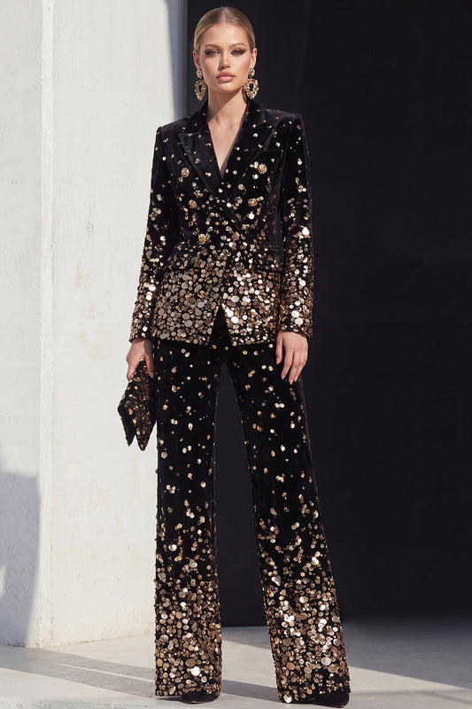 Ensemble tailleur femme 2 pièces à revers crantés avec sequins champagne noir
