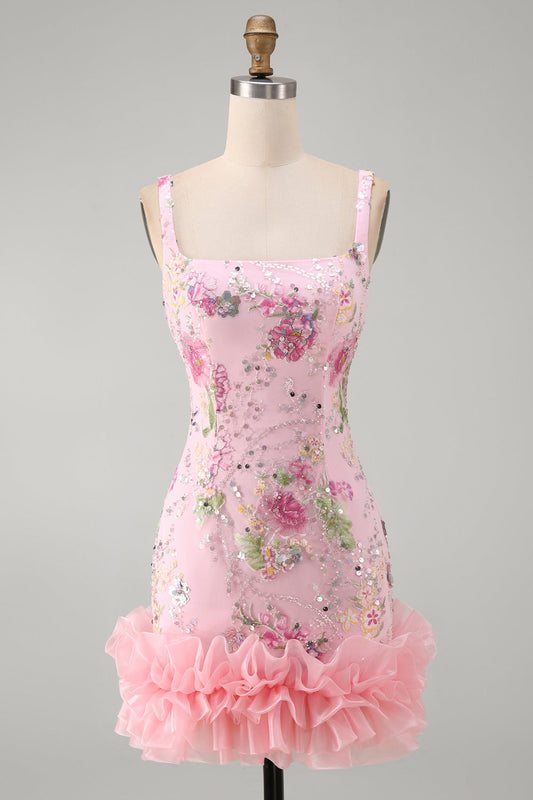 Pink Square Neck Bodycon Floral Sequin Homecoming Dress with Ruffles
