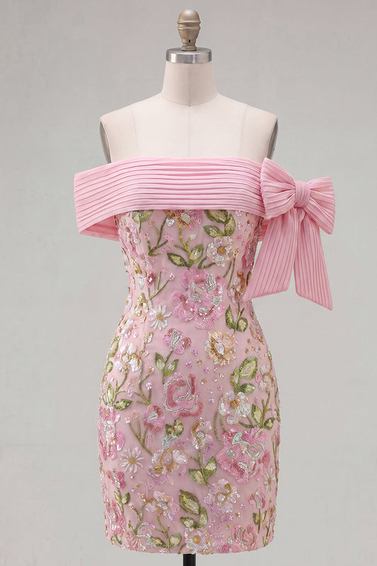 Off-the-Shoulder Pink Floral Sequin Bodycon Homecoming Dress
