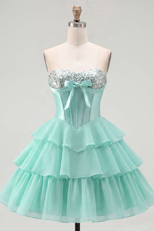 Robe de bal bustier cœur évasée en mousseline de soie à volants couleur menthe