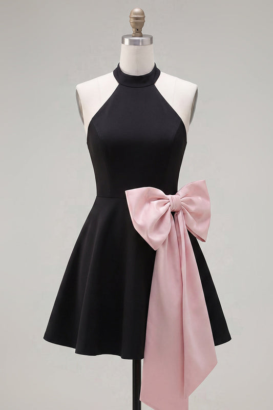 Black Pink A-Line Halter Neck Short Homecoming Dress with Large Bow