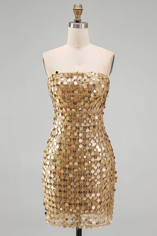 Sparkly Gold Strapless Sequin Bodycon Homecoming Dress