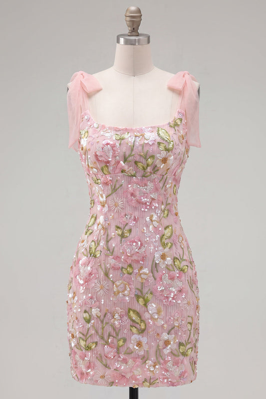 Romantic Pink Sequin Floral Embroidered Homecoming Dress with Bow Straps