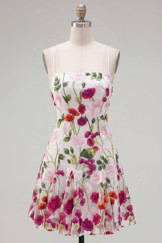 Pink Red Flower A-Line Spaghetti Straps Short Homecoming Dress with Embroidery