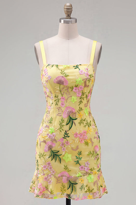 Yellow Bodycon Floral Embroidered Ruffled Homecoming Dress with Lace Up Back