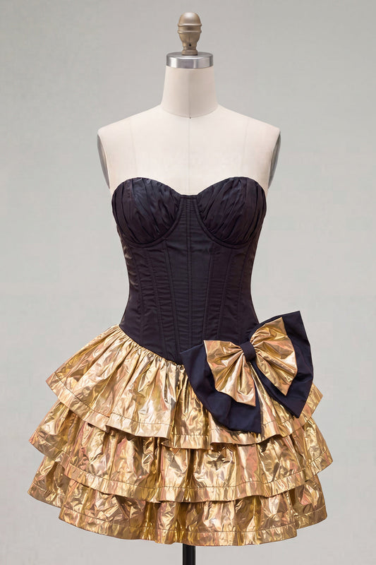 A-Line Black Golden Tiered Sweetheart Corset Homecoming Dress with Bow