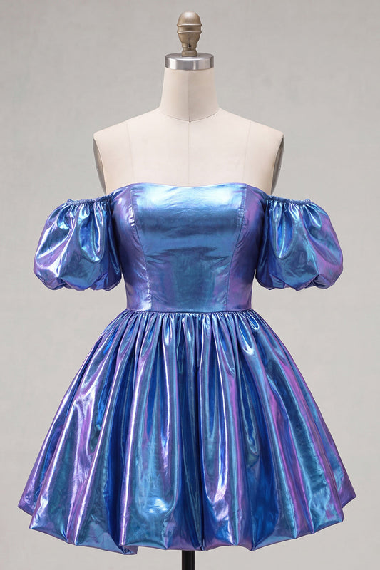 Off the Shoulder Blue A-Line Metallic Homecoming Dress with Puff Sleeves