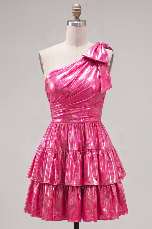 One Shoulder Fuchsia A-Line Metallic Tiered Ruched Homecoming Dress with Bow