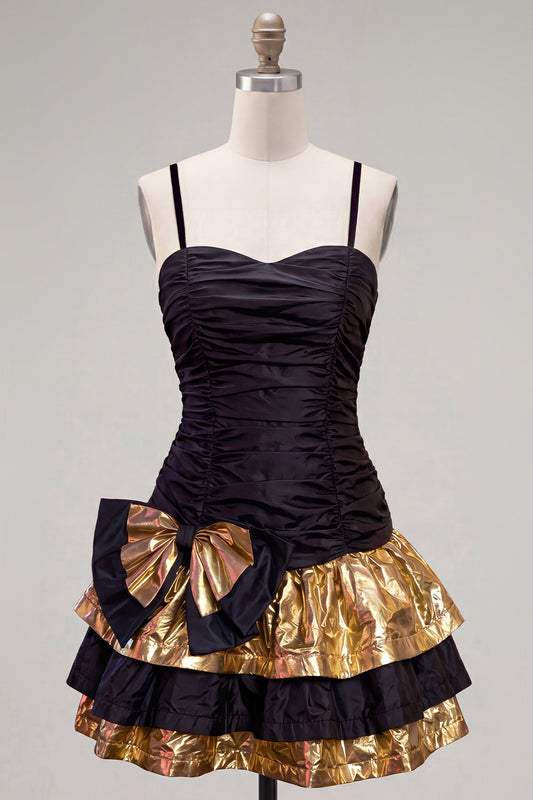 Black Golden A-Line Tiered Spaghetti Straps Homecoming Dress with Bow