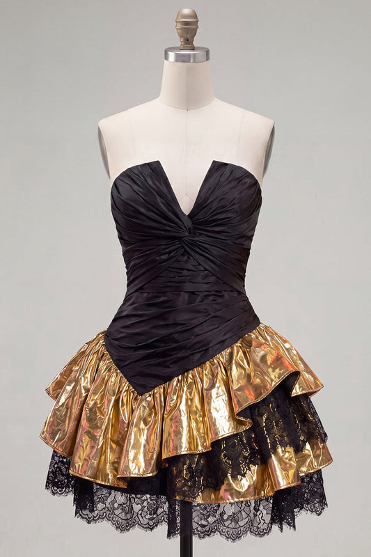 Black Golden A-Line Tiered Strapless Ruffle Short Homecoming Dress with Lace Up Back