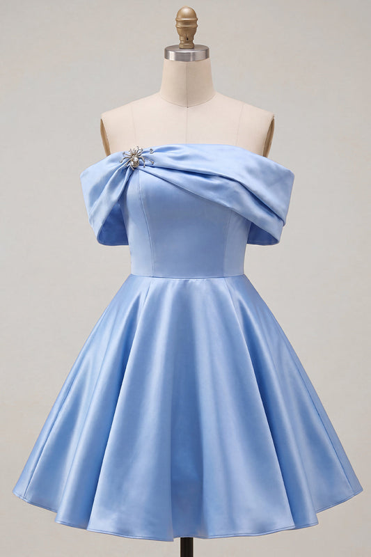 Blue A-Line Off-the-Shoulder Ruched Satin Homecoming Dress with Beading