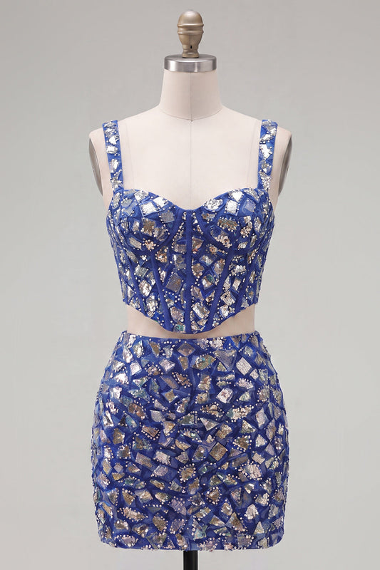Dark Blue Bodycon 2 Piece Homecoming Dress with Rhinestones