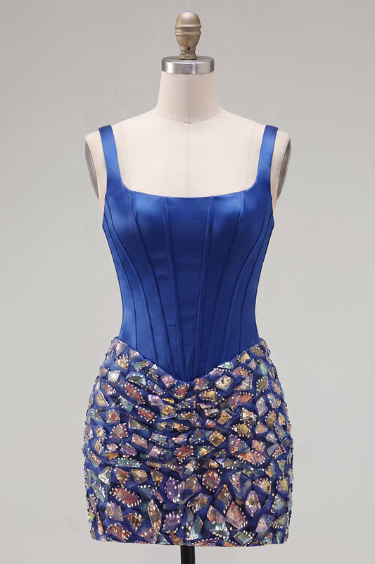 Dark Blue Bodycon Corset Square Neck Homecoming Dress with Rhinestones